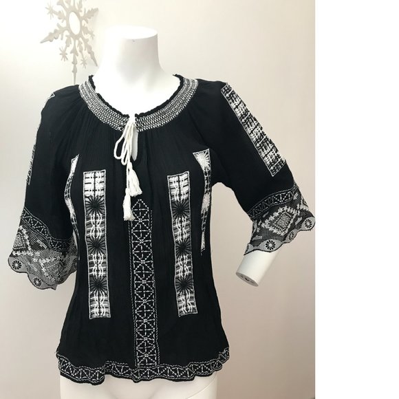 Crepe Embroidery Crochet Top Blouse Folk Polish Ukrainian Zara Free People - Picture 2 of 4